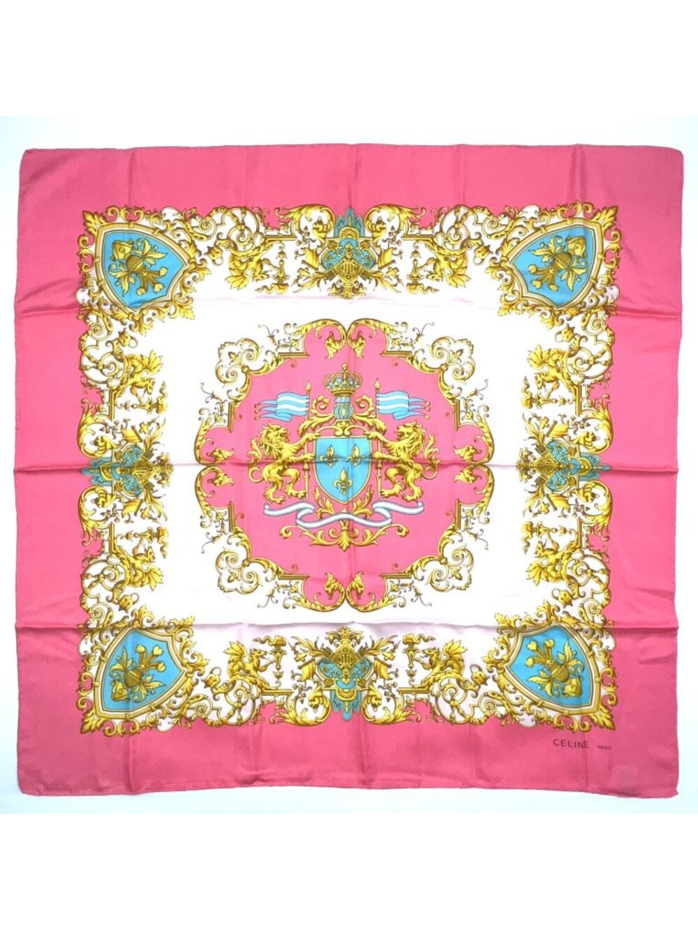 Celine Crest Emblem Rococo Style Silk Pink Scarf